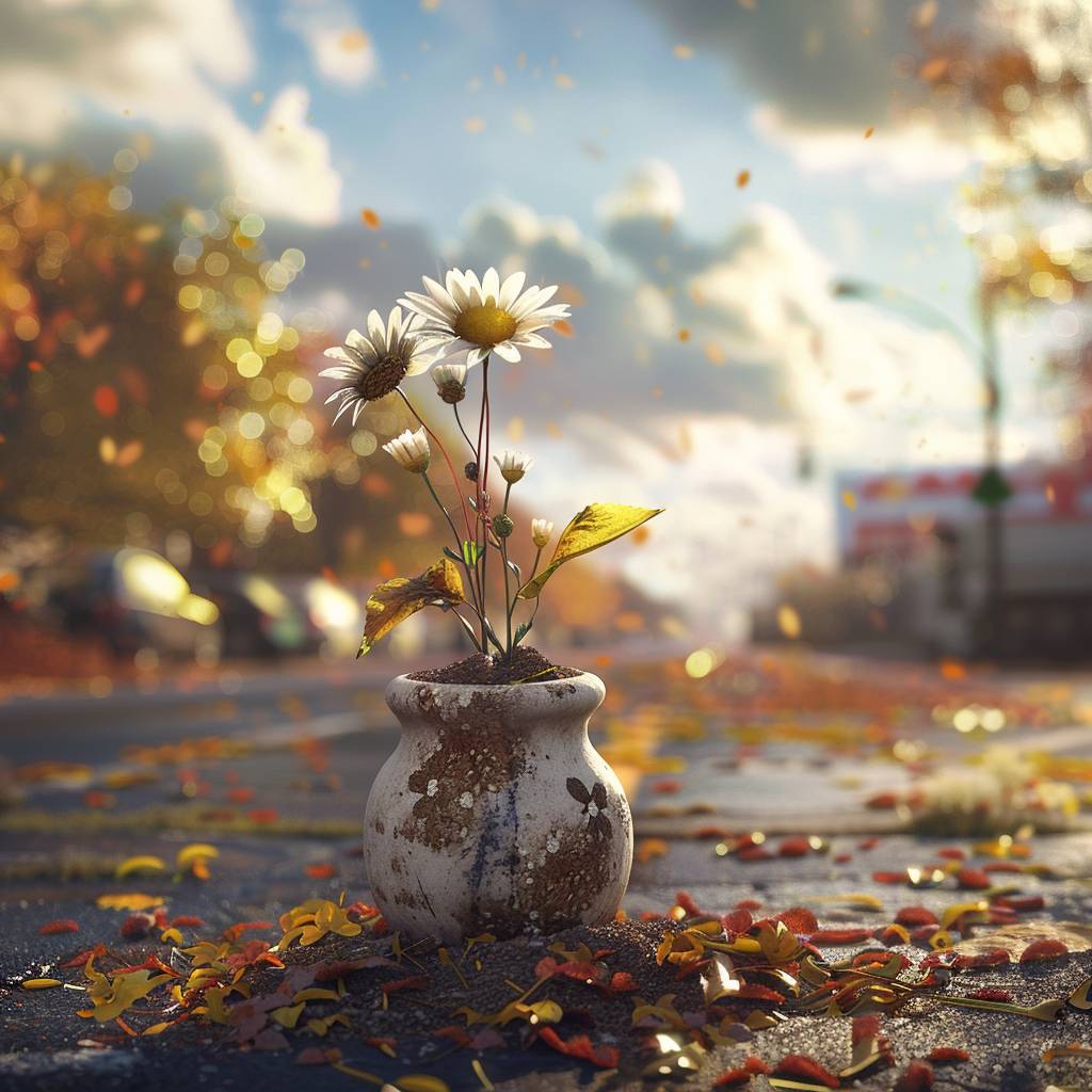 Medium close-up, A micro-tiny flower vase full of dirt with a beautiful daisie planted in it, shining in the autumn sun on a road in an abandoned city, fiction, wallpaper, character, cg artwork, art, flash photography, realistic photo, 4k realistic photo