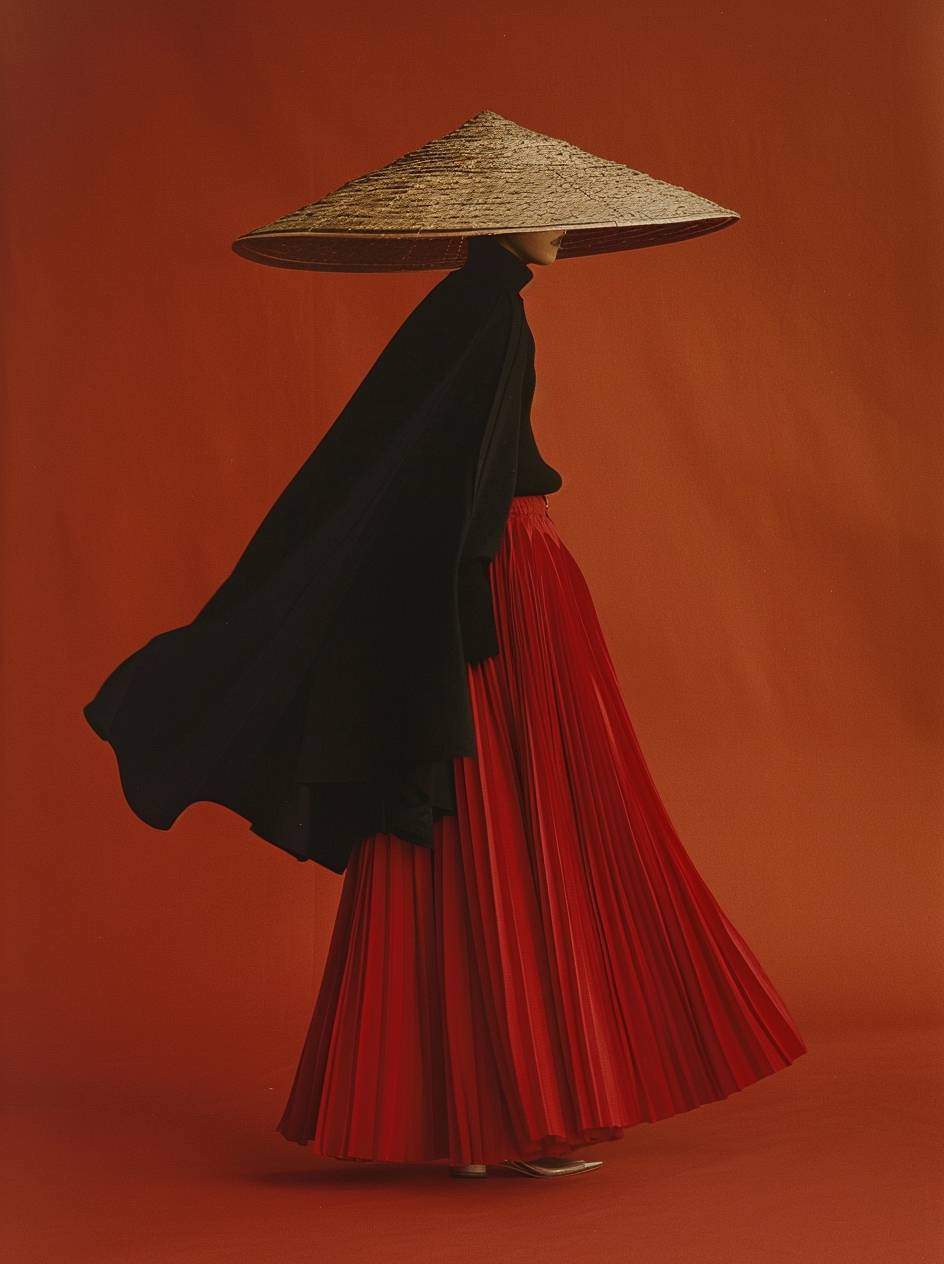 Minimalist style fashion photography for fashion magazine cover, featuring a model wearing an oversized black cape and a red pleated skirt walking down the runway, while sporting a conical hat made of straw. The shot showcases the model in a fashion pose against a solid color background, utilizing studio lighting and capturing high-resolution, ultra-realistic photos with grainy textures using Lomography color negative F476/30 film in a Hasselblad X2D 100C camera.