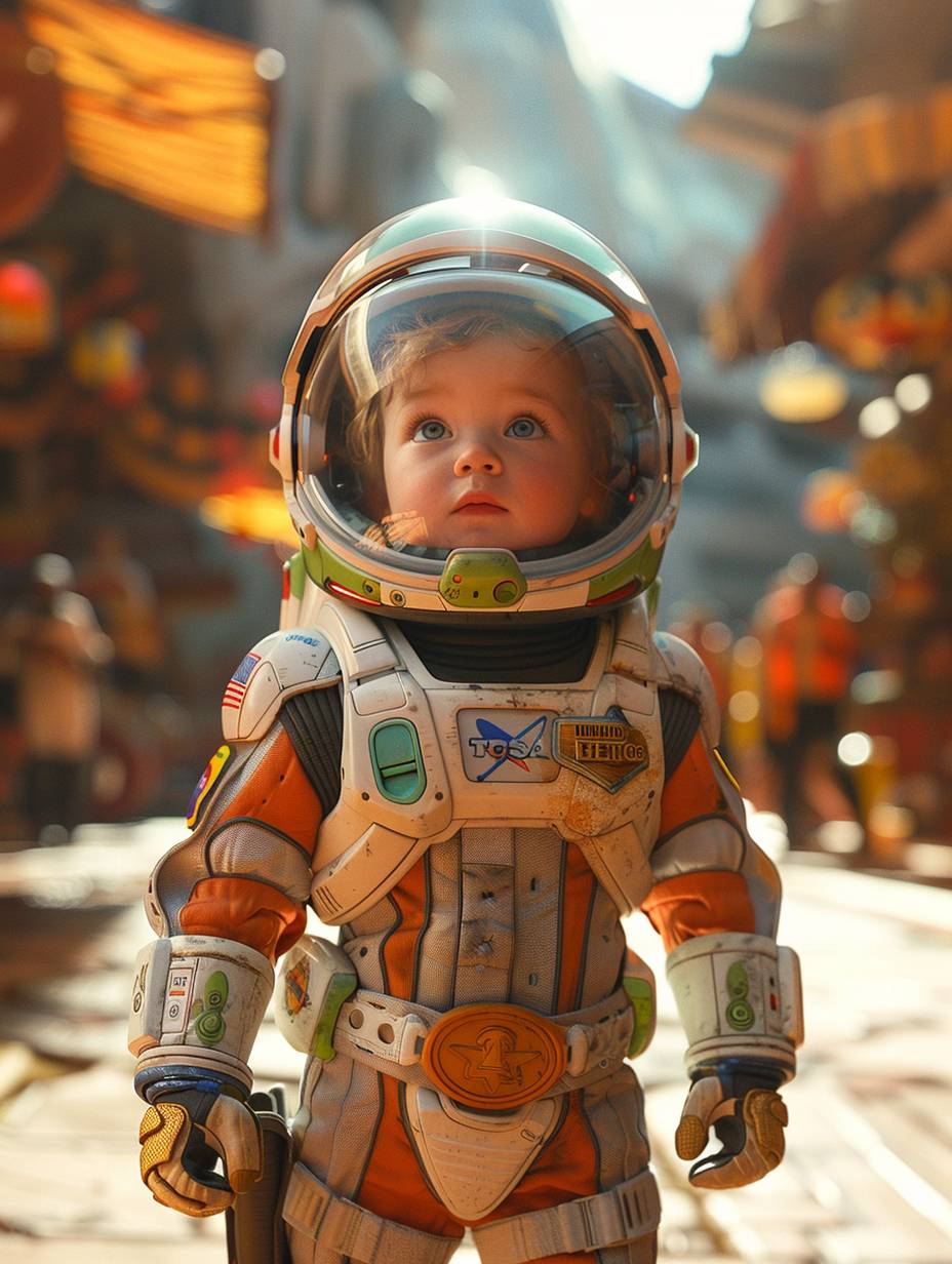 Surreal photography, a 1-year-old baby as the actor of Buzz Lightyear standing in the cartoon of Toy Story, the baby as the actor of Buzz Lightyear, Pixar poster