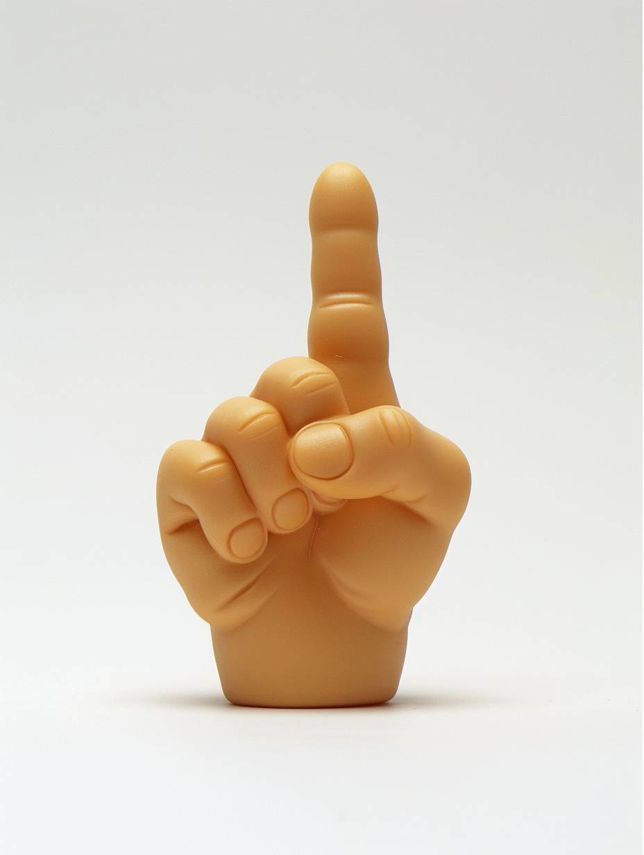 A cute simple vinyl toy depicting the hand gesture with middle finger up against a white background, in the style of Chris LaBrooy and Craig Mullins.