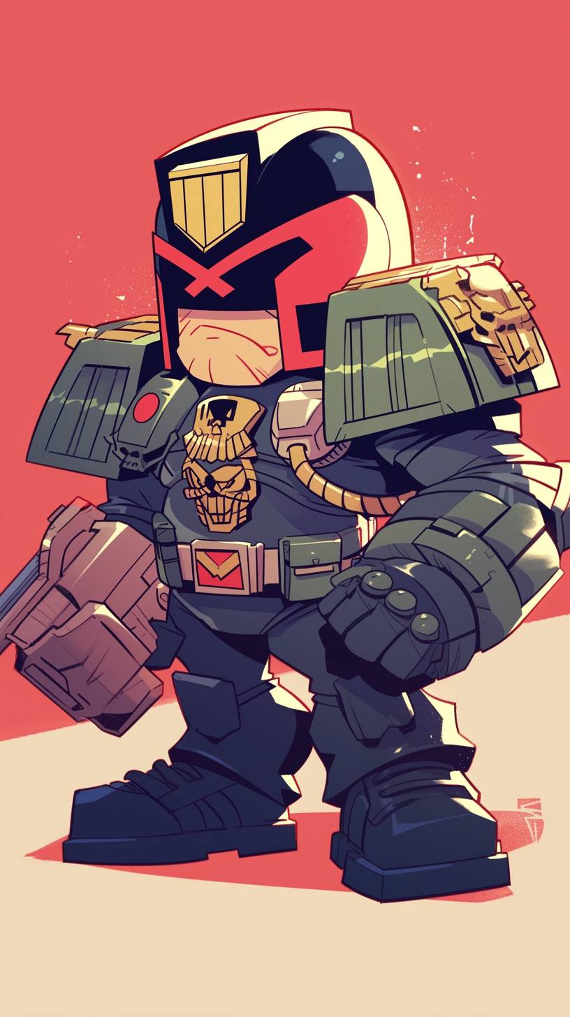 Cute and adorable cartoon design of Judge Dredd, drawn in the style of Skottie Young, clean lines and flat colors, minimal detail, simple background