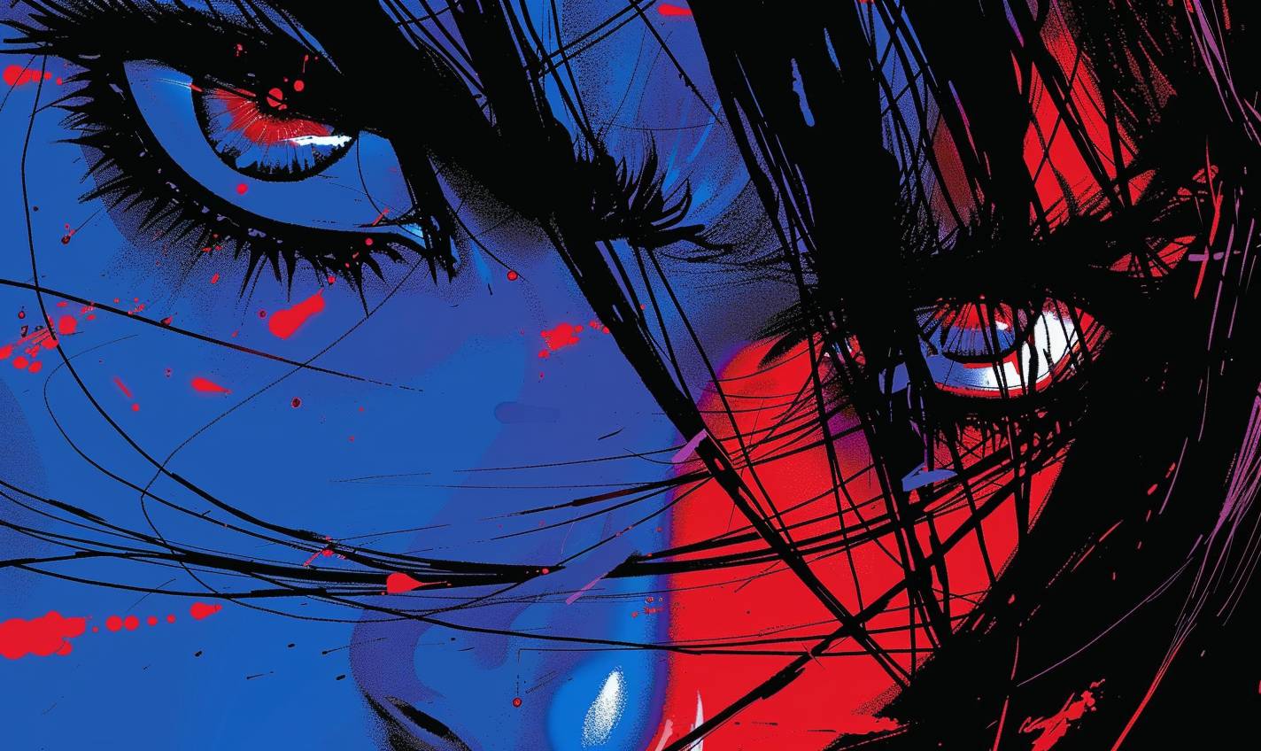 Dark and dramatic close-up manga comic-strip illustration by Frank Miller. Red and blue hues