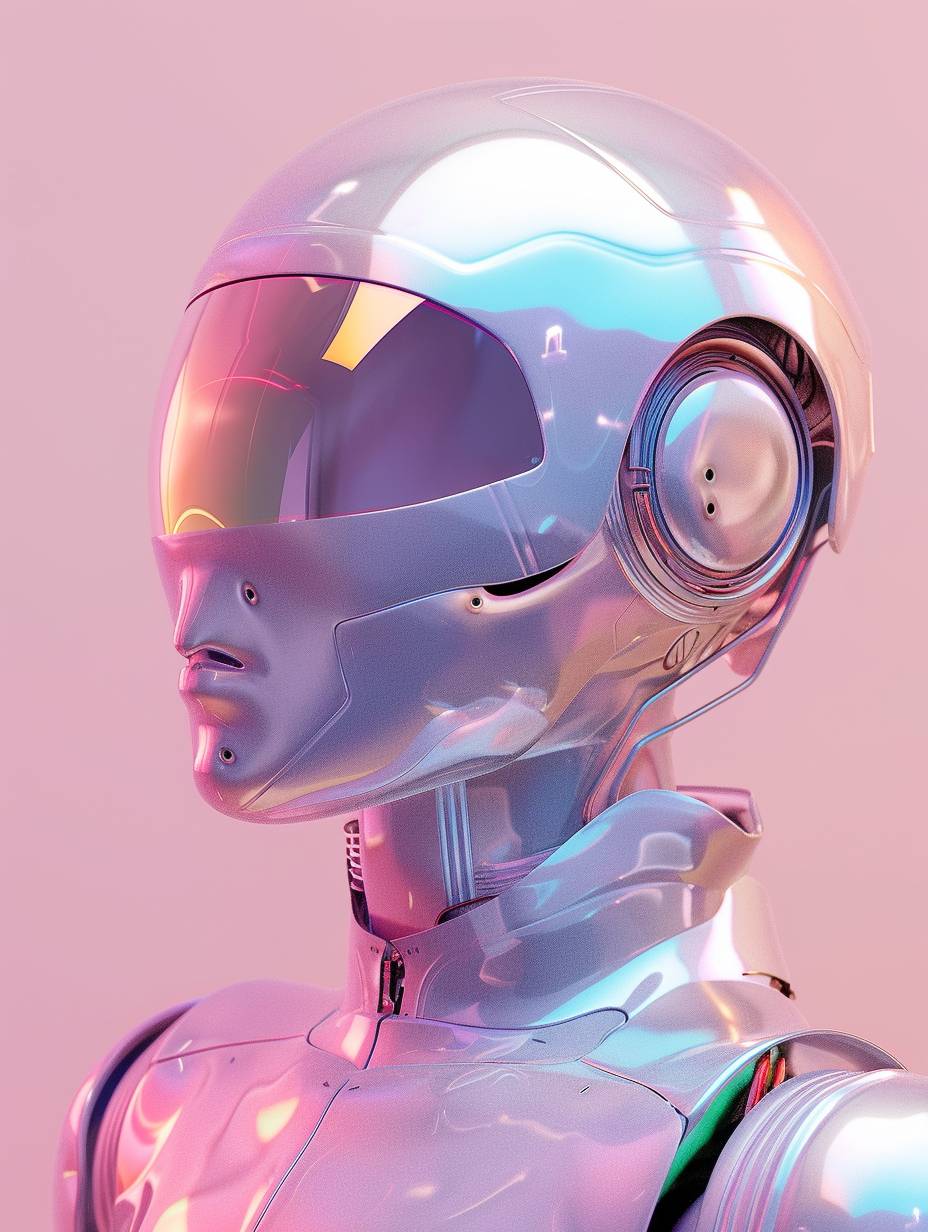 Minimalist futuristic portrait of an AI bot, pearlescent armor, soft background