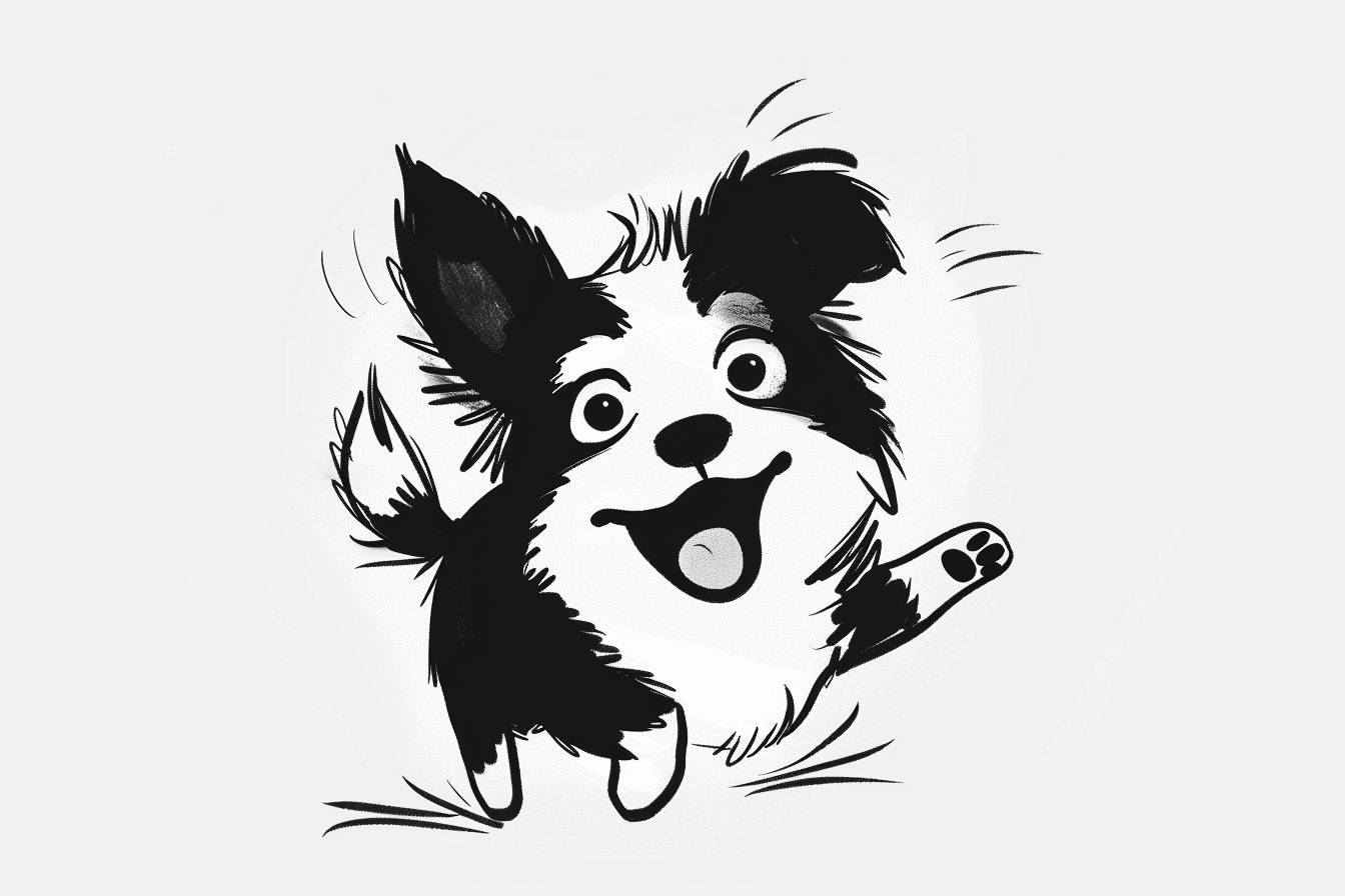 Cute dog, happy face expression, simple sketch-style, reminiscent of Jean Julien's style, cute limbs, black and white, basic clean lines, minimalistic