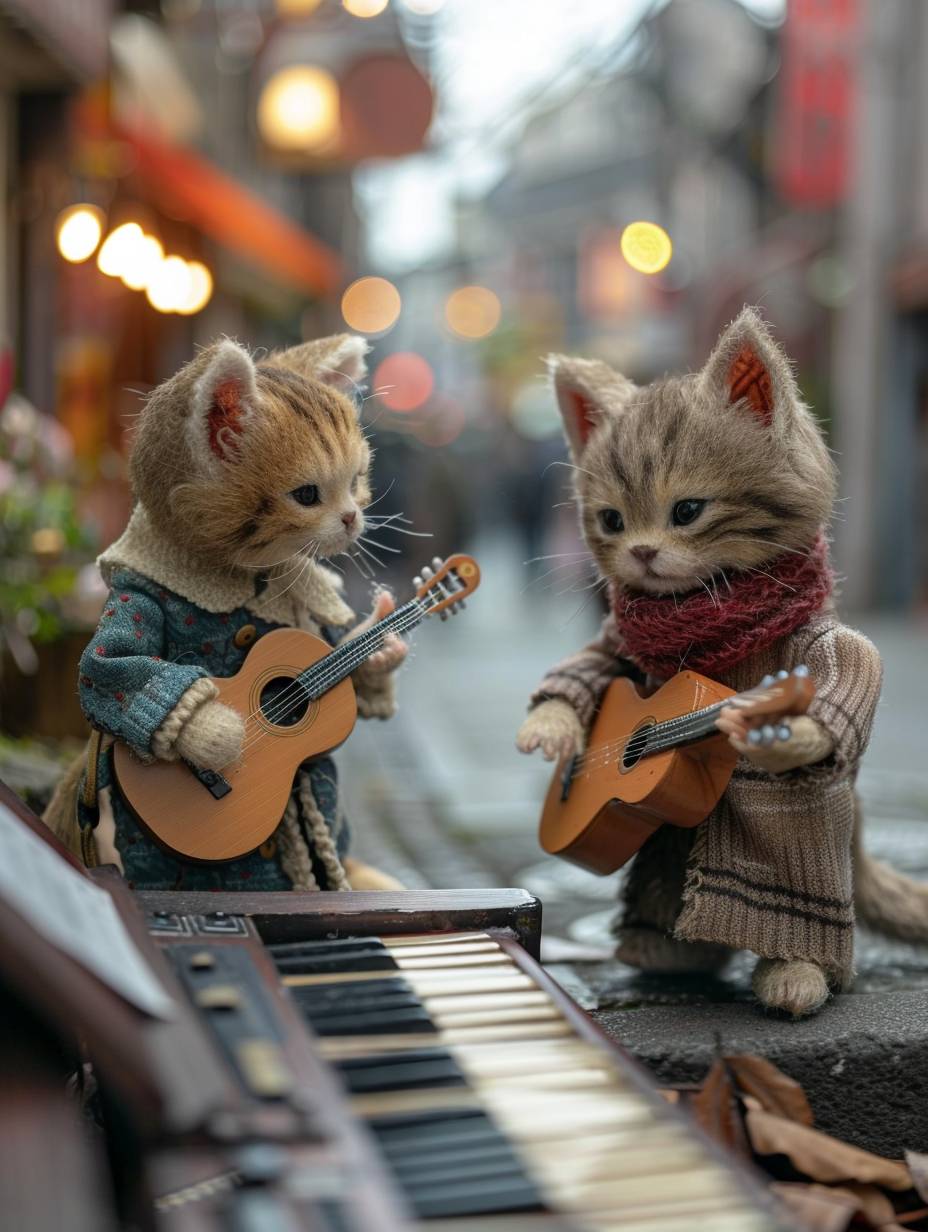 Two kittens, wearing casual clothes, are playing guitars on a crowded street, one is playing the piano. They play the musical instruments as if they were real humans. Others pass them by. Plush doll art, photo taken by Sony A7R5, shot on 35mm, imitated materials --ar 3:4 --stylize 250 --v 6.0