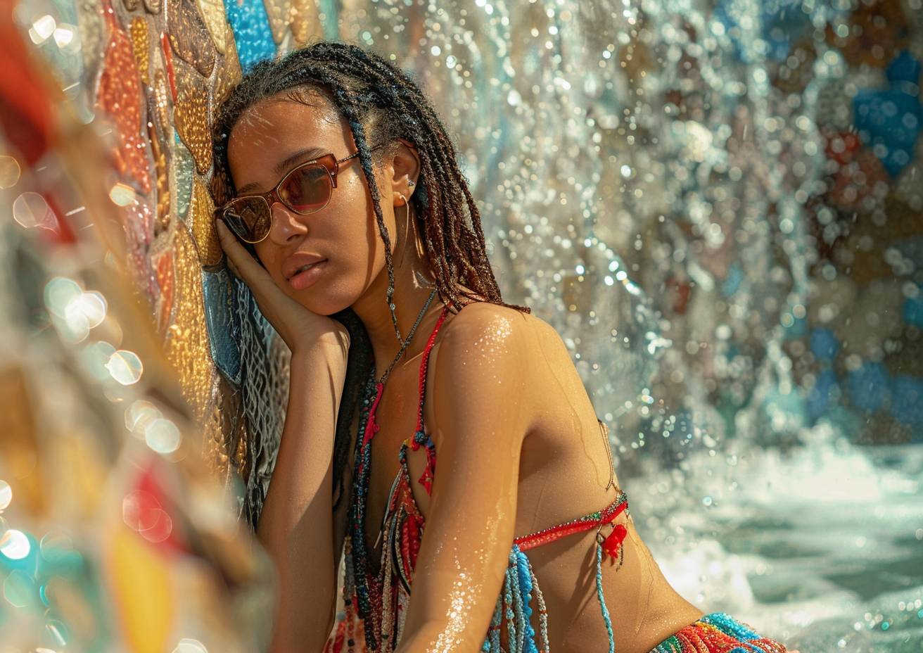 Sea glass mosaic, intricate detail, a young woman wearing y2k hip-hop fashion, posing by a waterfall, water, sunshine