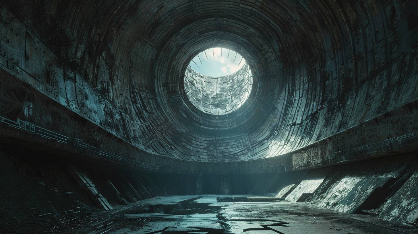 Soviet era conspiracy, hidden city with a secret, secret laboratory, a black hole into an alternate dimension, 1960s retrofuture, abandoned, eerie, in the style of Tsutomu Nihei hyper-realistic film style, Kodak film