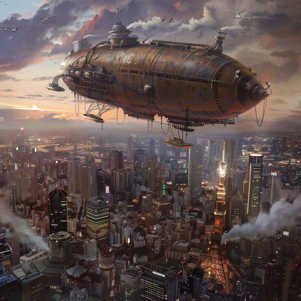 Steampunk zeppelin over Tokyo. Colossal scale