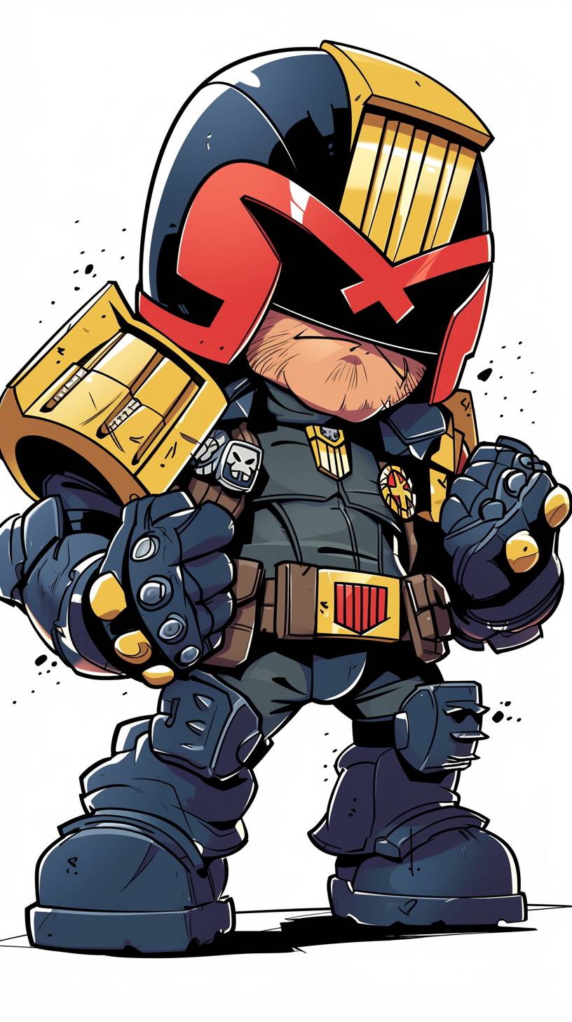 Cute and adorable cartoon design of Judge Dredd, drawn in the style of Skottie Young, clean lines and flat colors, minimal detail, simple background