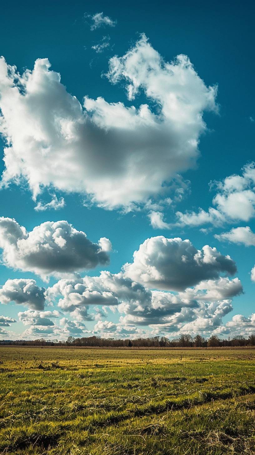 ドイツ、ノルトライン＝ヴェストファーレン州、ミュンスターラントの野原にある白い雲の写真、トロンプ・ルイユのリアリズム、ハイディテール。ハッセルブラッド、35mm f1.8で撮影。