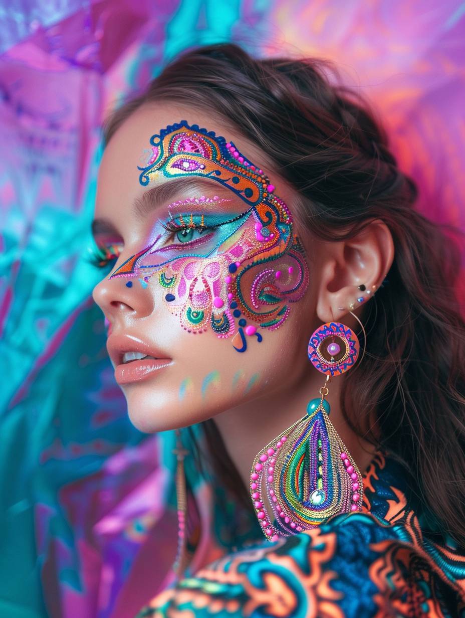 A beautiful girl with an intricate and colorful pattern on her face wears large earrings. Her style is reminiscent of Australian Aboriginal art. The background is abstract, with shades of purple, pink, and turquoise, creating a surreal atmosphere. Her makeup features pastel eyeshadow.