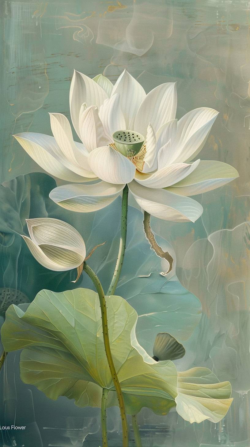 This artwork features a fully bloomed 'Lotus Flower' in close-up. Inspired by the style of Liu Ye, it carries realistic, artistic strokes with organic forms and clear lines. The piece incorporates pale green and gold threads against a soft, pale green background, blending elements from James Turrell, Nick Veasey, and Rene Lalique. It portrays a clear texture and detailed perspective, brimming with vibrant beauty. The interplay of light and shadow creates artistic tension, embodying a modern, minimal, and contemporary art style