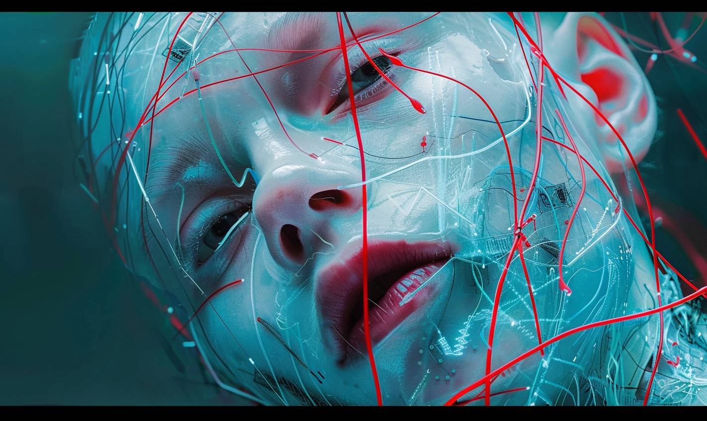 Tim Walker's haute-couture frontal portrait of a clear white ethereal android with translucent skin drowning in a sea of wires. Red and cyan hues, glowing highlights, dark shadows.