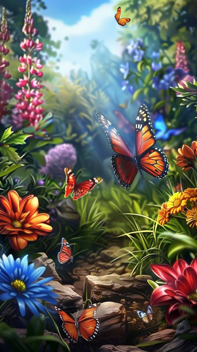 A beautiful garden filled with colorful flowers and butterflies. The air is filled with the scent of blooming blossoms. In the style of a botanical drawing.