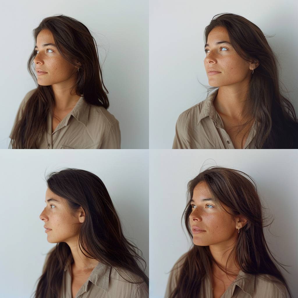 A woman with long dark brown hair, caramel skin, and amber eyes in the style of chic photography, split into multiple different images shot from various angles and different expressions, against a white background, taken with Kodak Portra 160 --v 6.0.