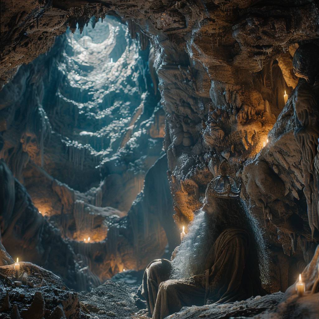 An award-winning heroic shot capturing the mountain king in a stunningly detailed showcase cave, where the epic mountain king is depicted meditating about life. He has a long curly beard and glowing blue eyes, and the cave resembles a big dome with fantastic stalagmites and stalactites. The lighting creates a cinematic and moody atmosphere, capturing the hero in a photorealistic fantasy style, resembling a still from an Oscar-winning fantasy movie. The photo showcases a detailed crown made out of rock, shot on an Arri Alexa XF with a 50mm Zeiss Supreme Prime lens, featuring clear and sharp focus with a shallow depth of field. It embodies elements of fantasy and stonecore, beautifully color graded with dynamic composition, aspect ratio 16:9, speed 500, version 6.0.