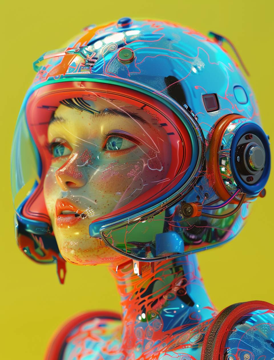 Model of an anime character wearing a helmet, in the style of Kenny Scharf, graphic design-inspired illustrations, utilitarian objects, 32K UHD, Luca Giordano, Alan Bean, green and blue