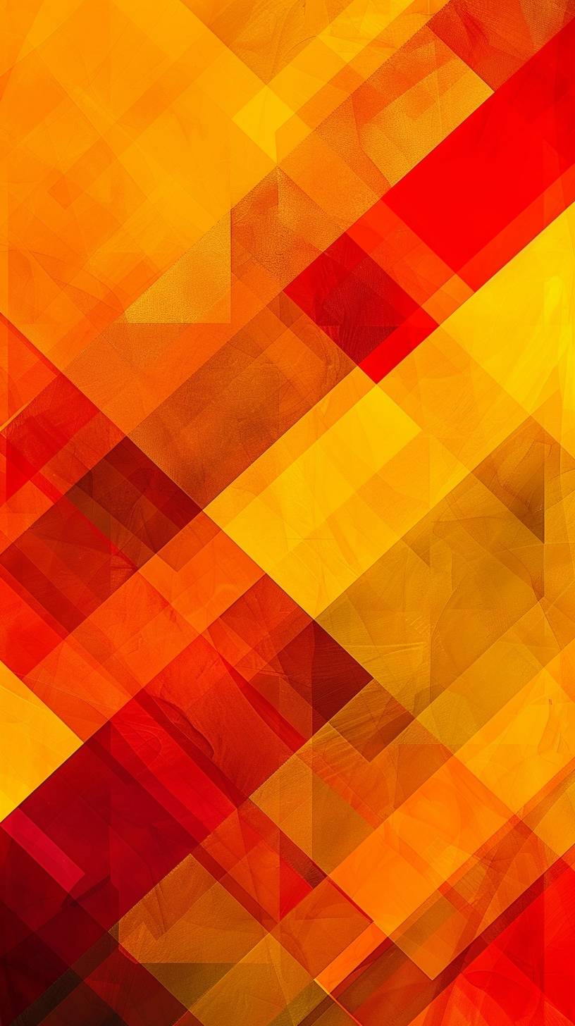 Modern interior design, geometric shapes, overlapping squares, vibrant shades of orange, yellow, and red, playful and energetic color scheme, evokes excitement and enthusiasm, abstract geometric pattern, geometric overlap, clean edges, minimalist style, suitable for modern interior design, vibrant wall art, contemporary room accent, background for creativity and inspiration, illusion of depth by layered shapes, surface that radiates a sense of joy and optimism