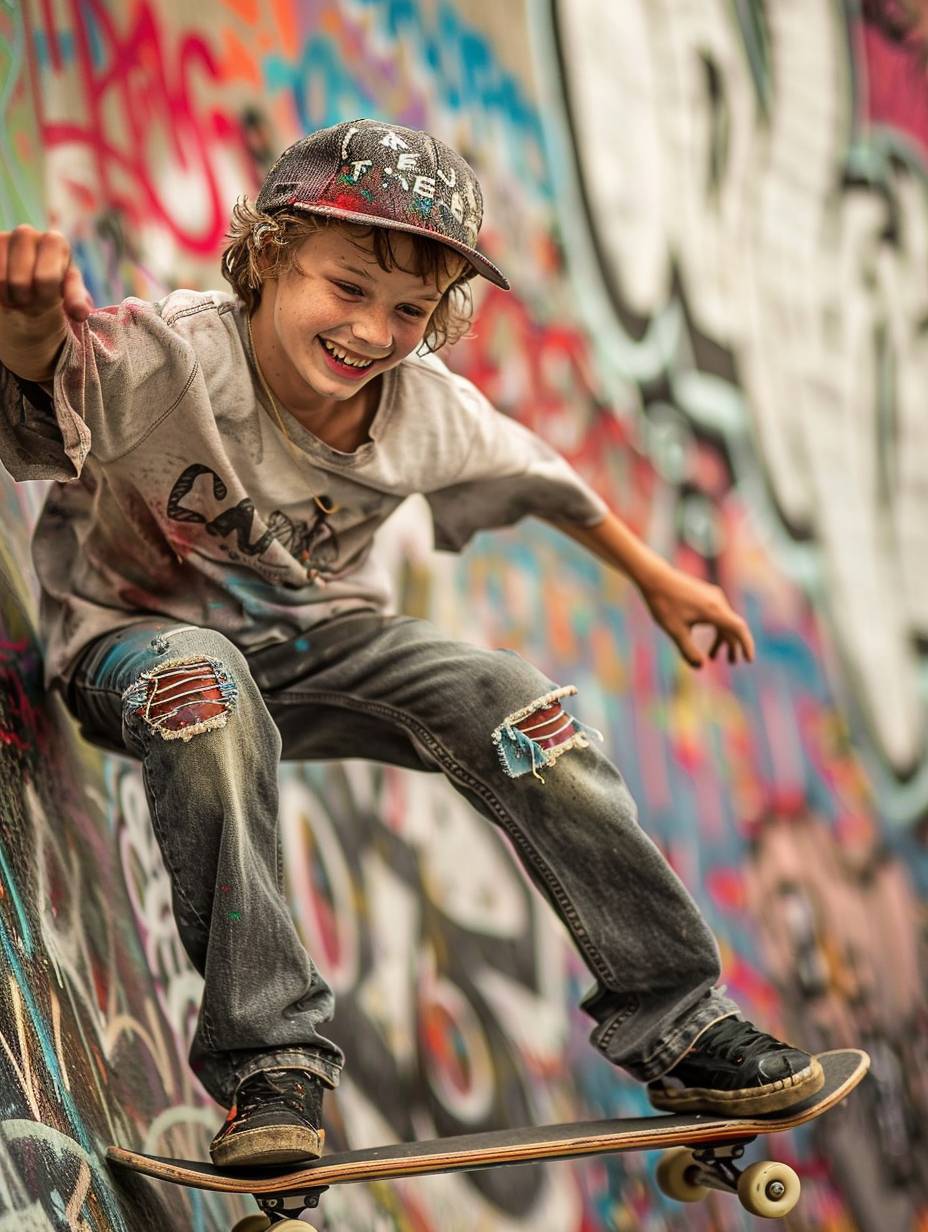 A teenage boy with a mischievous grin, wearing a baseball cap and ripped jeans, skateboarding in a graffiti-covered skate park.