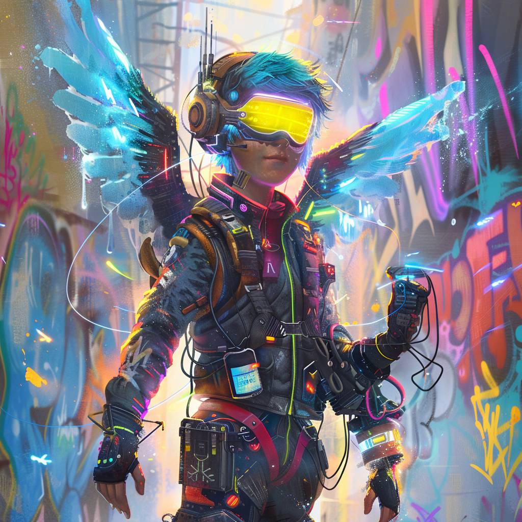 A futuristic vintage pulp art, cyberpunk-inspired character standing in a vividly colored, graffiti-covered urban environment. The character, a young individual with short, blue hair, wears a high-tech suit adorned with various wires, glowing lights, and mechanical wings. They sport a large, reflective helmet with rainbow-tinted goggles and hold a small device emitting a neon blue glow in one hand. The background is an explosion of colors, with splashes of paint and intricate graffiti art, adding to the chaotic yet captivating scene.