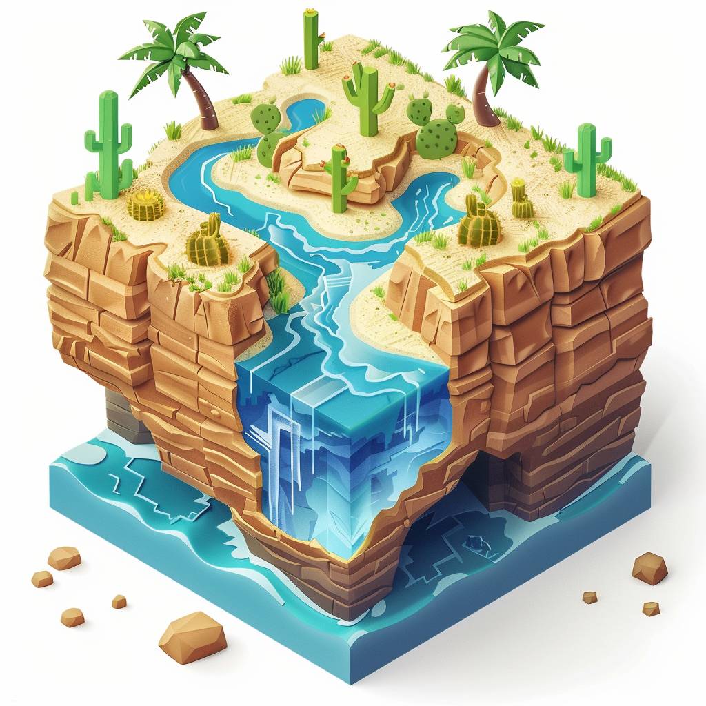 Isometric cube with Minecraft style, white background, 3D rendering, cute desert island with cacti in the center, blue water flowing from one side to another, small sand dunes on top of it, a palm tree at each corner, small rocks around the edge, cartoon style, 2D game art, high resolution, high detail, vibrant colors, colorful, cute