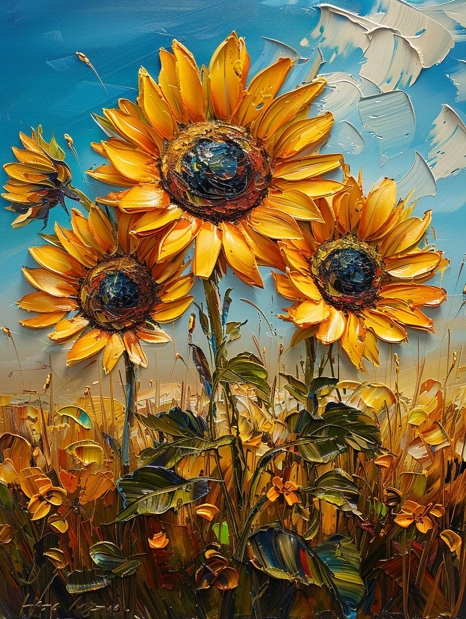 Oil painting, 3 sunflowers in the wind, the sensation of bold brushstrokes, color palette #464034, color palette #E49E26, color palette #D0B782, color palette #D0B782, color palette #D0B782, French romanticism paintings --ar 3:4 --stylize 750 --v 6.0