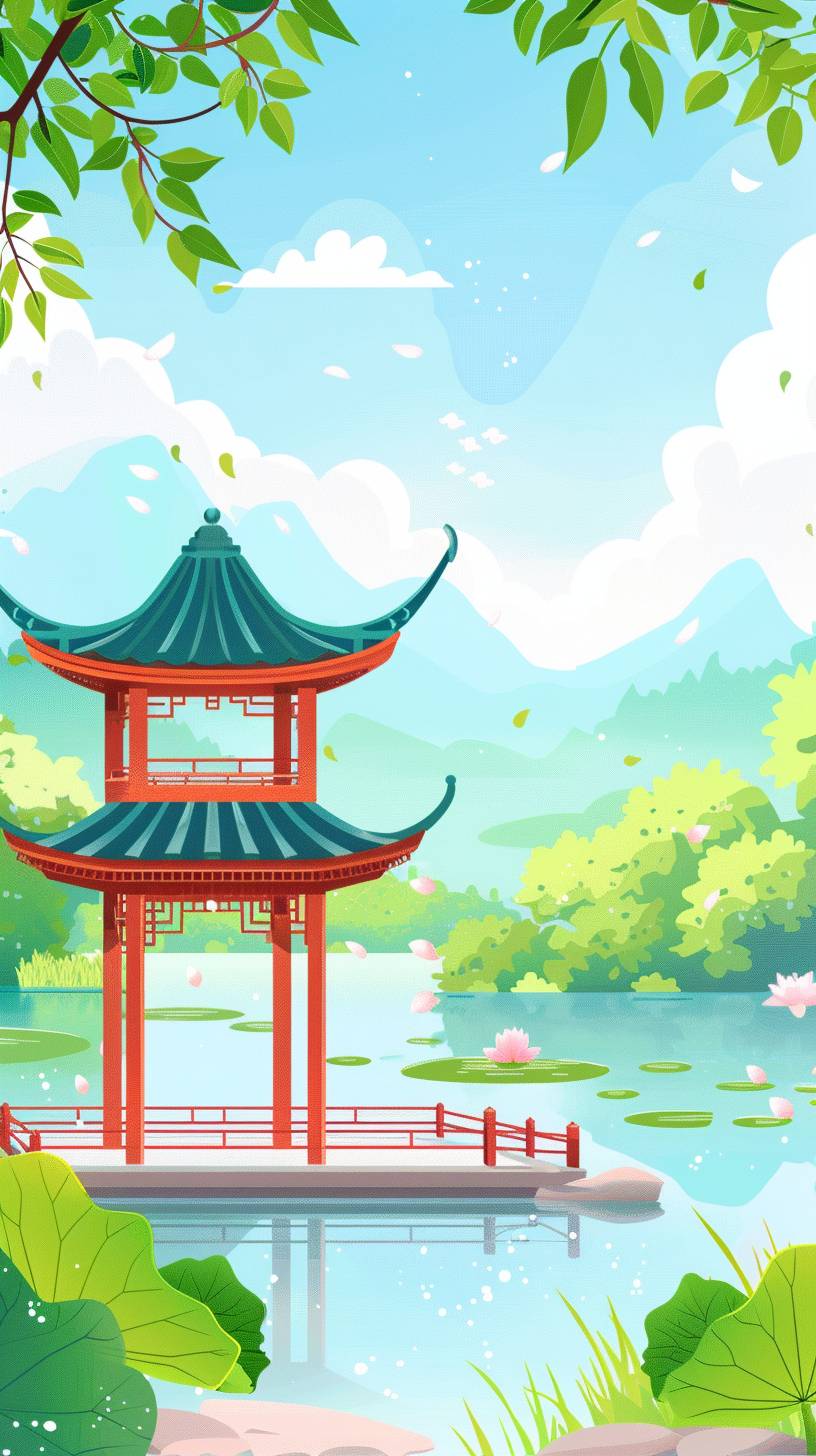 Flat illustration, spring scenery, pavilion by the lake, blue sky and white clouds, light green mountains in the distance, lotus leaves on top of the gazebo, vector line style, simple color blocks, children's picture book illustrations, colorful cartoon characters, high definition details, 48k HD quality, high resolution.