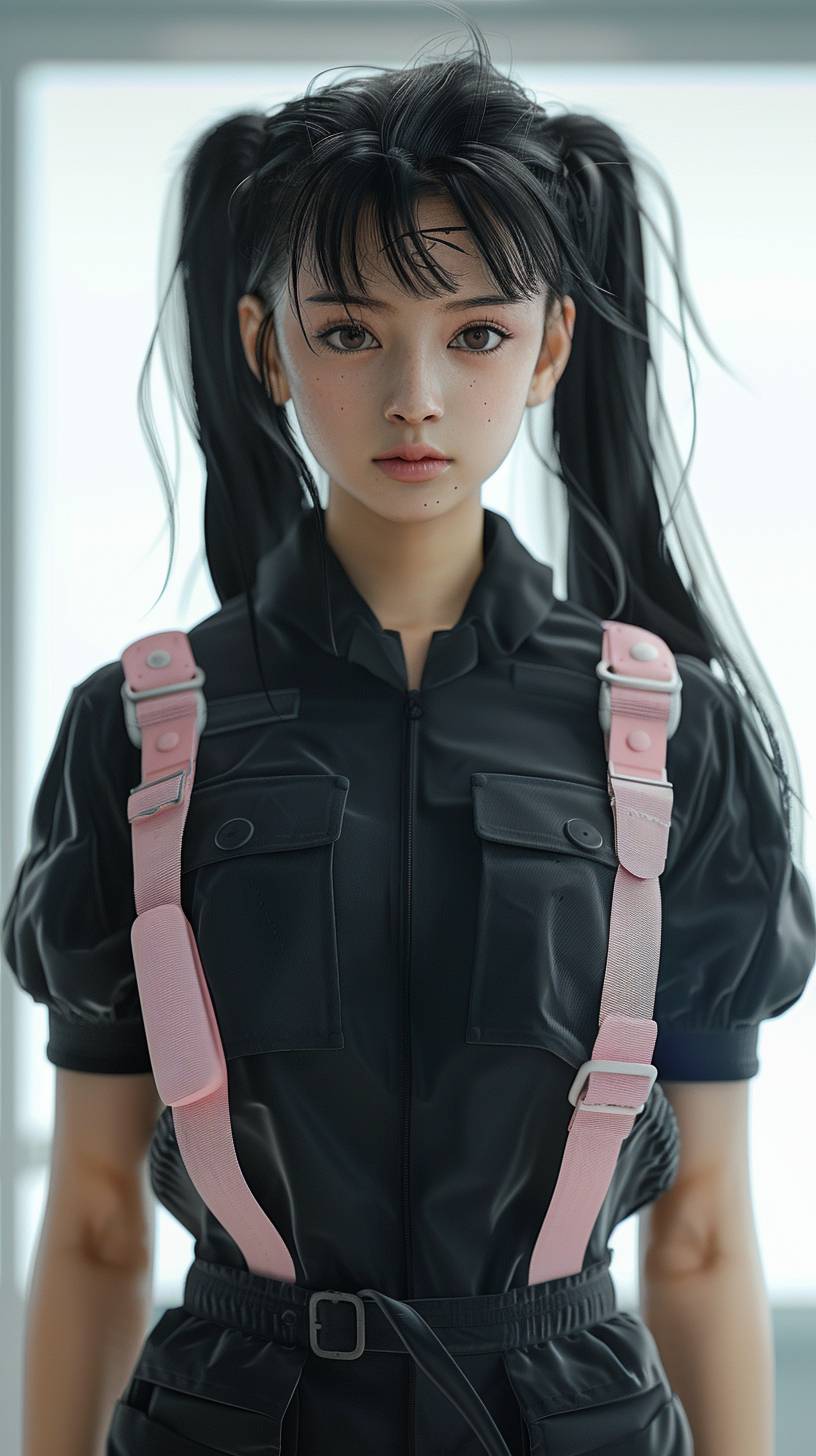 A realistic 4K photo depicting a live-action version of Sango, a character from the Japanese animation 'Inuyasha,' with a face resembling a Korean K-pop idol, wearing a black jumpsuit, and light pink protectors on her shoulders