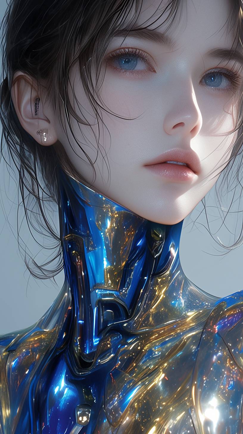 Front view, Beautiful and cool 20-year-old girl wearing super fashionable iridescent blue and golden suit, midrange portrait, heart to heart movements, bright and simple surreal background, surreal character, fair face, author: Hajime Sorayama, Tetsuo Hara, Yuki Kamei, Makoto Shinkai, Studio Ghibli, Nikon D850, 32K