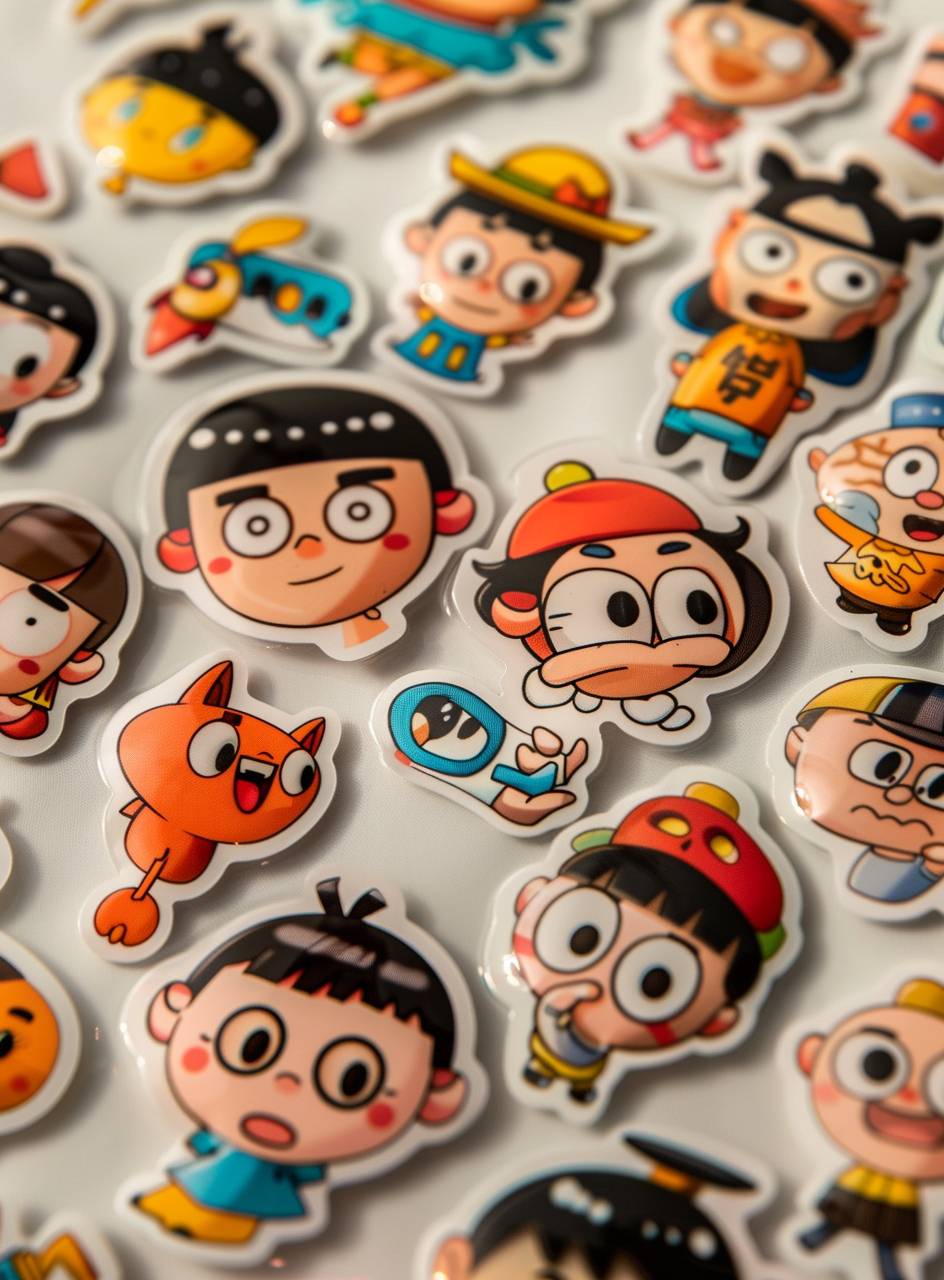 A sheet of various Crayon Shinchan stickers on a white background, with colorful cartoon characters and high-definition illustrations featuring cute expressions and multiple poses. The characters are depicted in different styles with simple strokes in the cartoon character design style typical of sticker art.