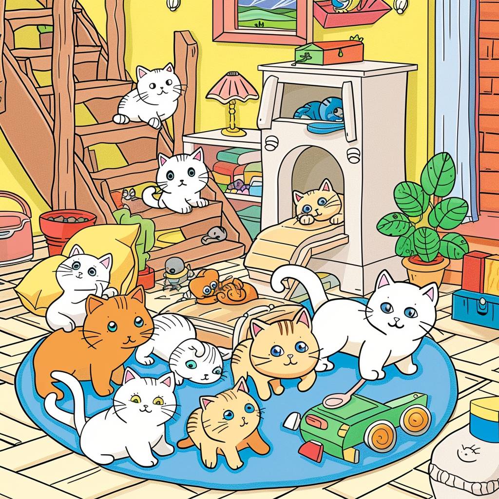 5歳以下の子供向けの塗り絵本の表紙は、家庭の中でいくつかのかわいいペットの猫が描かれており、カラフルなディテールと遊び心のあるデザインが若い読者の注意を引き、内部で待っているエキサイティングな冒険に興味を引き起こします。