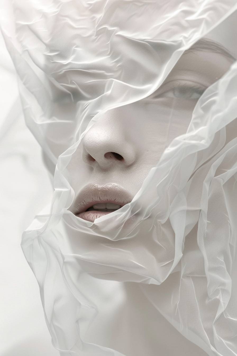 カラーグラデーションデジタルペーパーの背景//完全なキャンバスを覆う深い白いラッパー。 100％の深い白、完璧な白いキャンバス//美しい顔が霧の中に見える//全画面の白い粘土壁、伸び、滑らかな質感が見え、女性の顔の構造は白い粘土の被覆を通してかろうじて見えるだけで、顔の構造のみが見える//コンセプチュアルアート、ダークファンタジー、ポスター、絵画、3Dレンダリング
