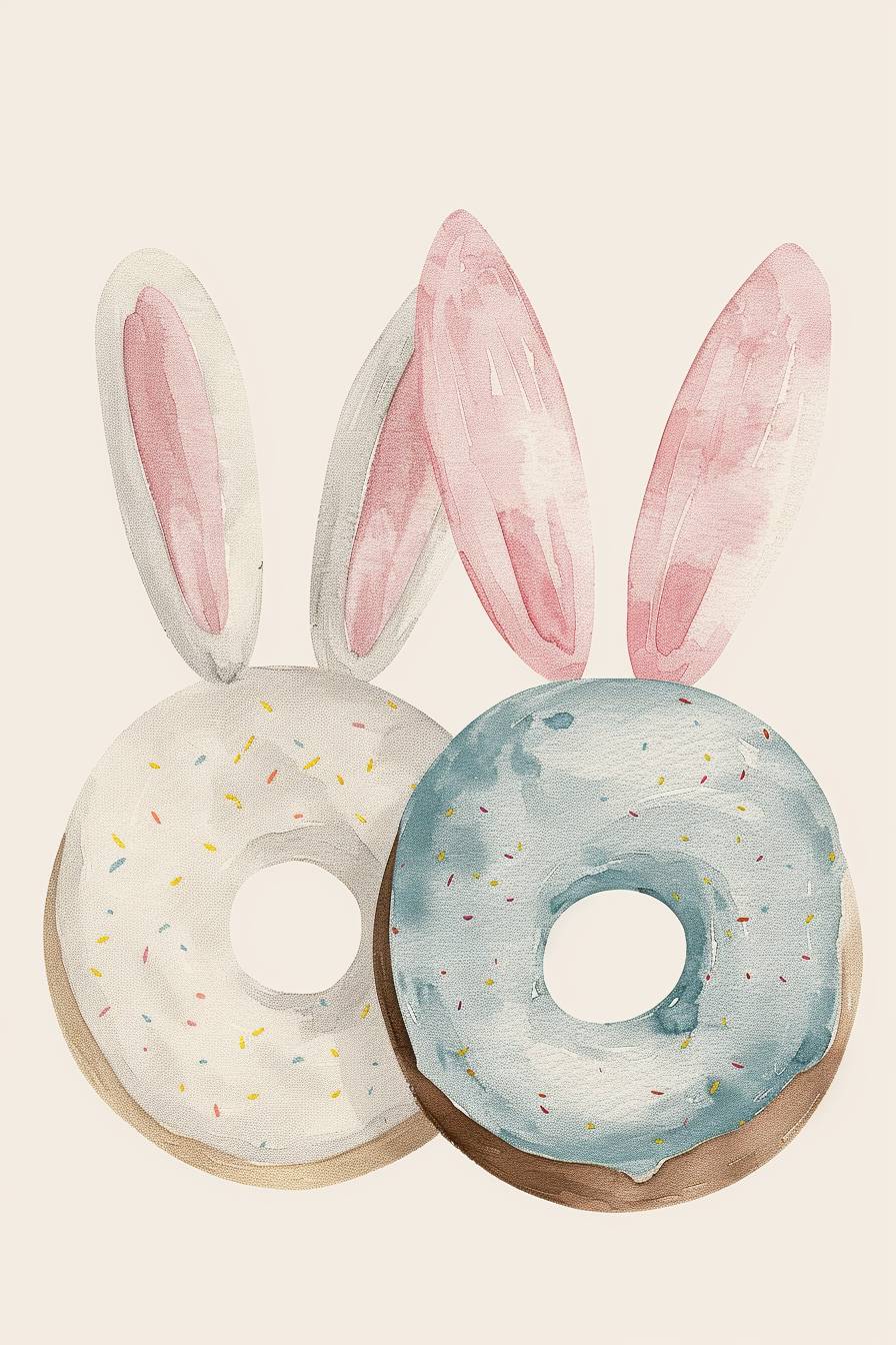 A cute 2 Donuts with Bunny ears next to each other clipart, organic forms, in the style of Jon Klassen, desaturated light and airy pastel color palette, nursery art.