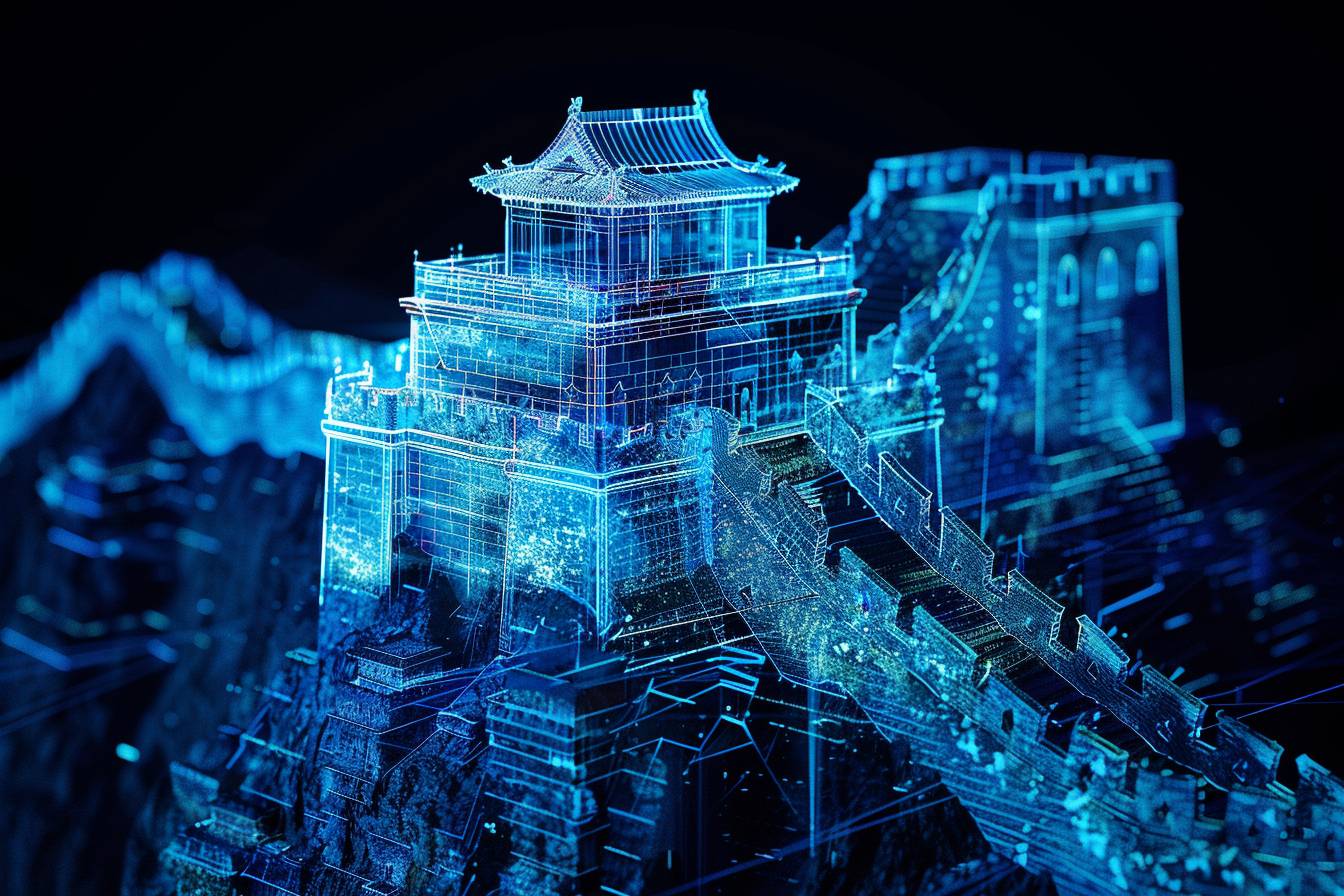 長城のワイヤーフレームホログラム（空中写真）は、その象徴的な構造物を取り囲む輝く青い線が複雑な模様を形成し、孤立した暗い背景に映えています。このデザインには詳細な建築的特徴があり、古代中国建築の見事な表現を作り出しています。このデジタルアートは、歴史的重要性と未来技術を伝える創造的なプロジェクトに最適であり、8Kのスタイルで表現されています。