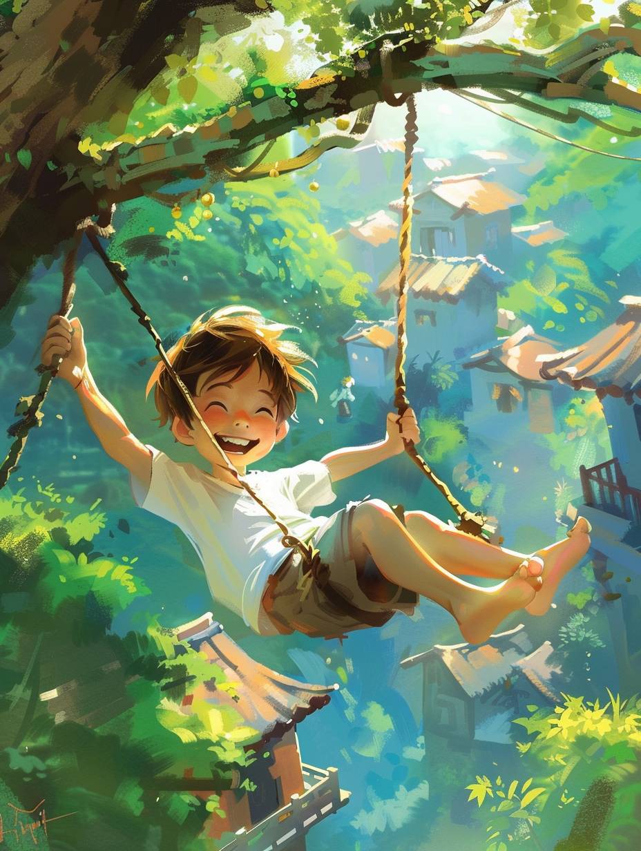 少年は木の枝で揺れながら、幸せそうに微笑んで白い半袖を着ている。背景には宮崎駿のアニメーションのスタイルを取り入れた中国の田舎の家が描かれています。アニメのような感じで、高解像度で明るい色彩のデジタルペイント技術を使用しています。