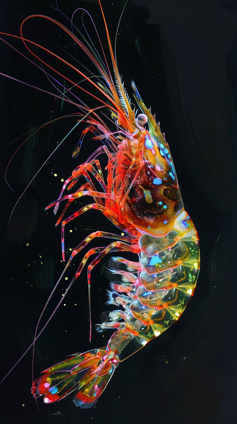 Sandro Botticelli's painting depicts transparent shrimp with colored fluorescent ink inside.