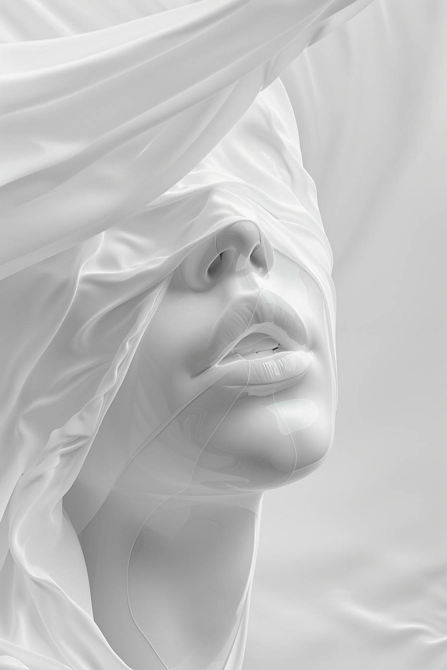 カラーグラデーションデジタルペーパーの背景//完全なキャンバスを覆う深い白いラッパー。 100％の深い白、完璧な白いキャンバス//美しい顔が霧の中に見える//全画面の白い粘土壁、伸び、滑らかな質感が見え、女性の顔の構造は白い粘土の被覆を通してかろうじて見えるだけで、顔の構造のみが見える//コンセプチュアルアート、ダークファンタジー、ポスター、絵画、3Dレンダリング