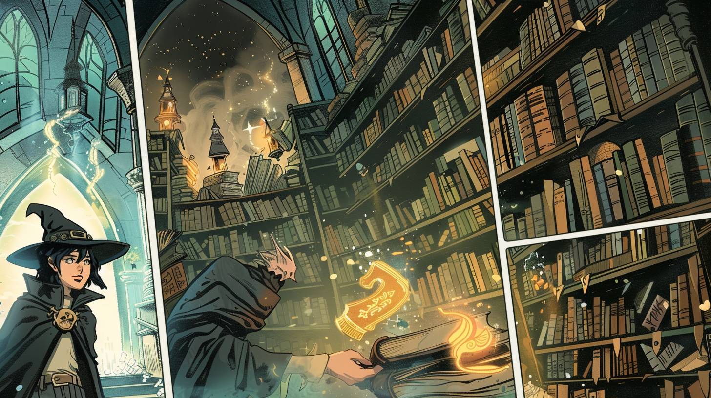 それぞれのパネルに魅力的な魔法使いが描かれたコミックブックのページで、古代の書物や魔法の遺物で満たされた神秘的な図書館が設定されています。詳細に描かれた呪文の応酬シーンは、各フレームの周囲に白いスペースがあります。