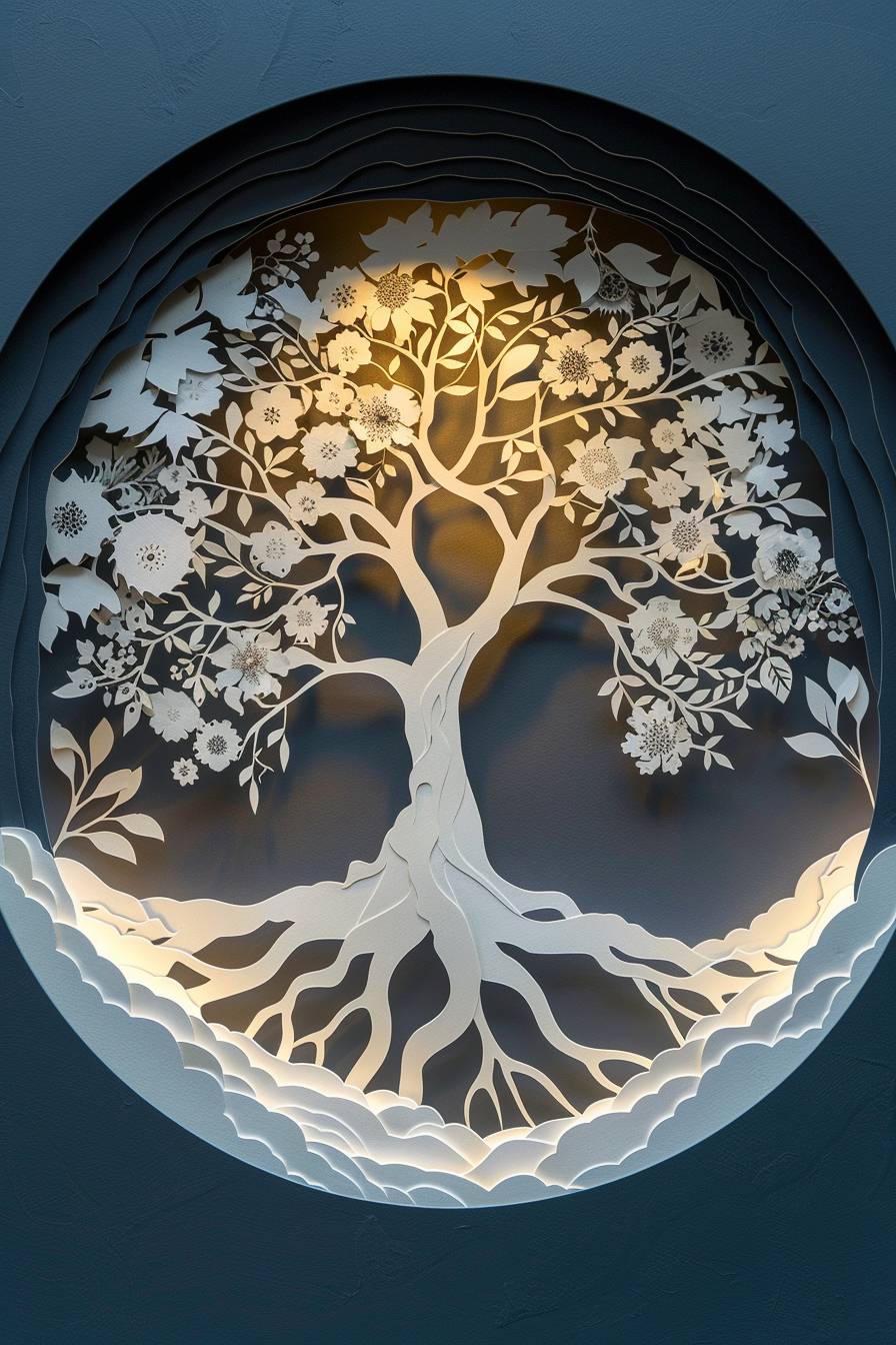 Design a framed sign using papercut art, be creative, with a theme of tree of life.