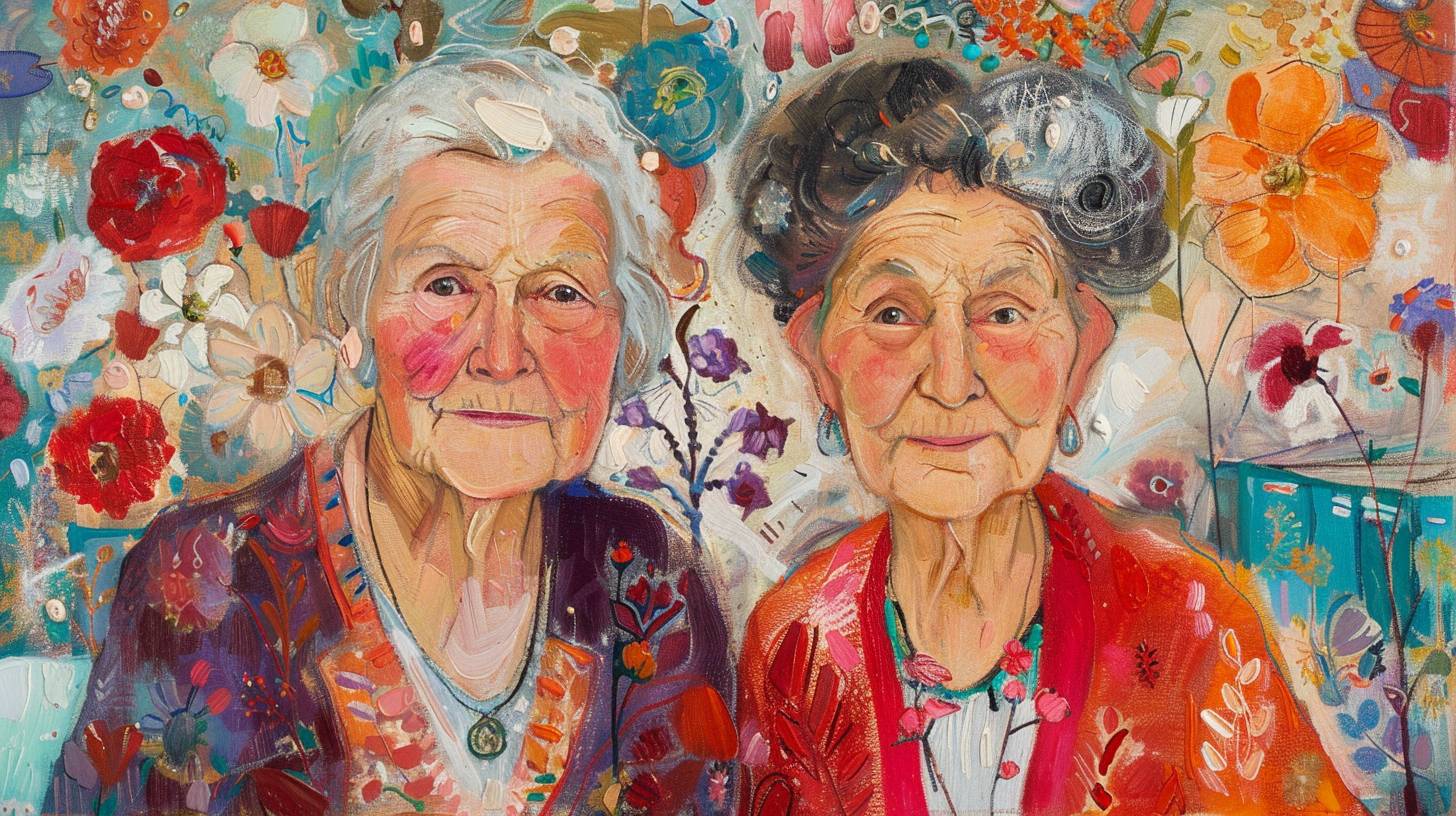 祖母と母親の強さ、強靭さ、そして愛を表現した感動的な肖像画。彼らは横に並んで立っており、彼らの旅と成就を象徴する細やかなシンボルが周囲に配置されています。本や花、家族の家宝など、象徴的な要素と鮮やかな色彩を使用して、彼らの持続的な精神を表現し、Berthe Morisotの繊細で育むスタイルとSuzanne Valadonの大胆で鮮やかな色彩からインスピレーションを得て彼らの本質を捉えます。