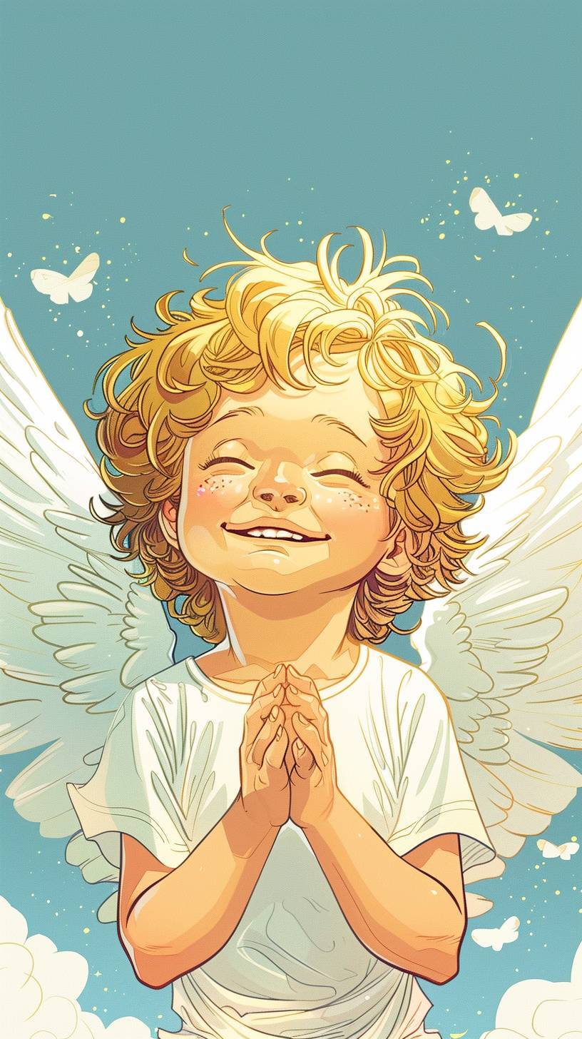 Comic style of a newborn angel, full body blonde, blue eyes and short curly hairs, he is smiling with his eyes closed, his wings are white he is at heaven