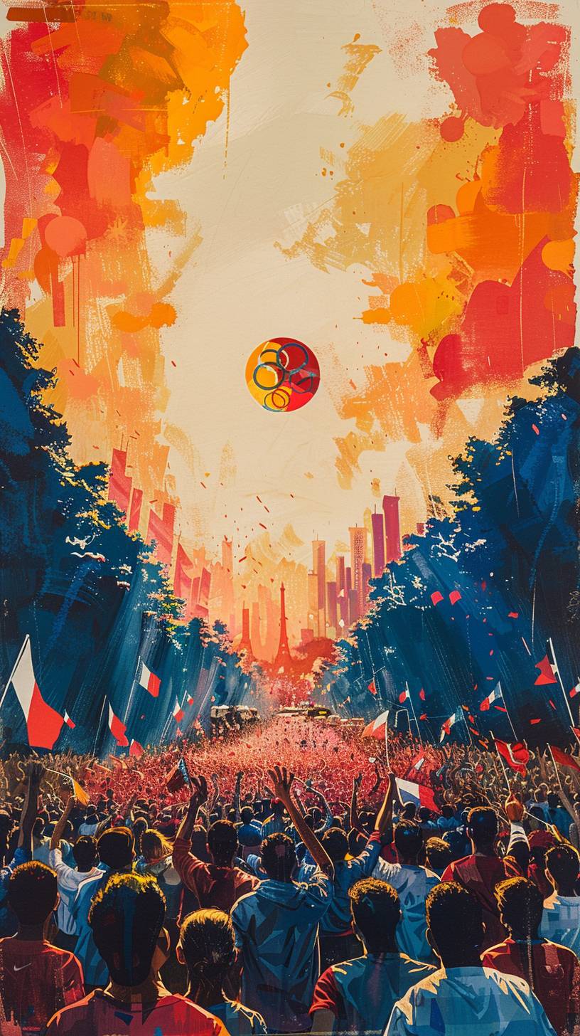 Design a promotional poster featuring a large crowd of people from various nations joyously running and celebrating. The poster should include the phrases 'Welcome to the Olympics' and 'Welcome to Paris, candidate city for the 2024 Olympics'. The scene should be a group of people in colorful athletic wear on stage, with a vibrant logo indicating Paris as a candidate city for the 2024 Olympics. The poster should reflect the Olympic rings and convey a lively, energetic atmosphere. In the foreground, there should be people carrying flags from different countries.