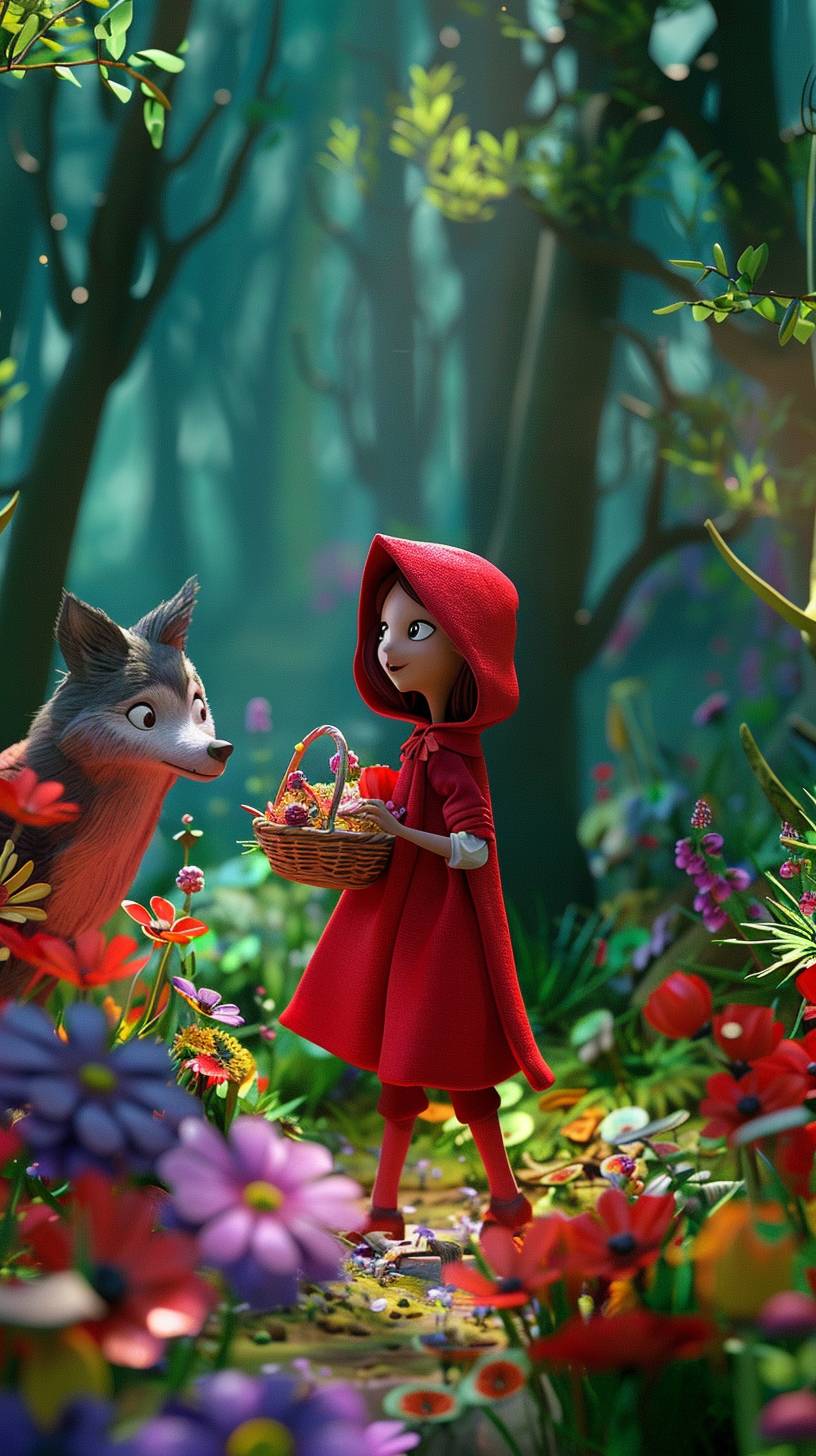 3D render of Little Red Riding Hood in an enchanted forest, Disney character style. The scene is cheerful and whimsical, with vibrant colors and playful elements. Little Red Riding Hood wears her iconic red cloak and carries a basket, while the Wolf is depicted in a friendly, mischievous manner. The forest is magical and lively, full of bright, inviting details, empty space for advertising text, 4k.