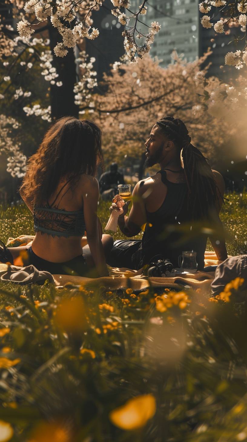 情侣がブランケットに座り、絵のような公園でピクニックをしています。 彼らはワインとチーズを楽しんでおり、咲き誇る桜の木に囲まれています。 ロマンチックな絵画のように。