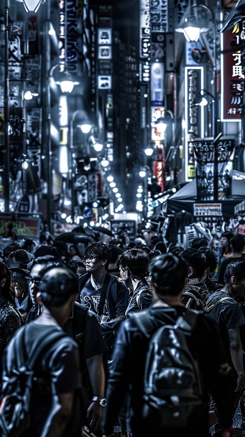 A bustling night market in a busy Asian city. Neon signs are illuminating the streets, and people are crowded around food stalls. In the style of a documentary photograph.