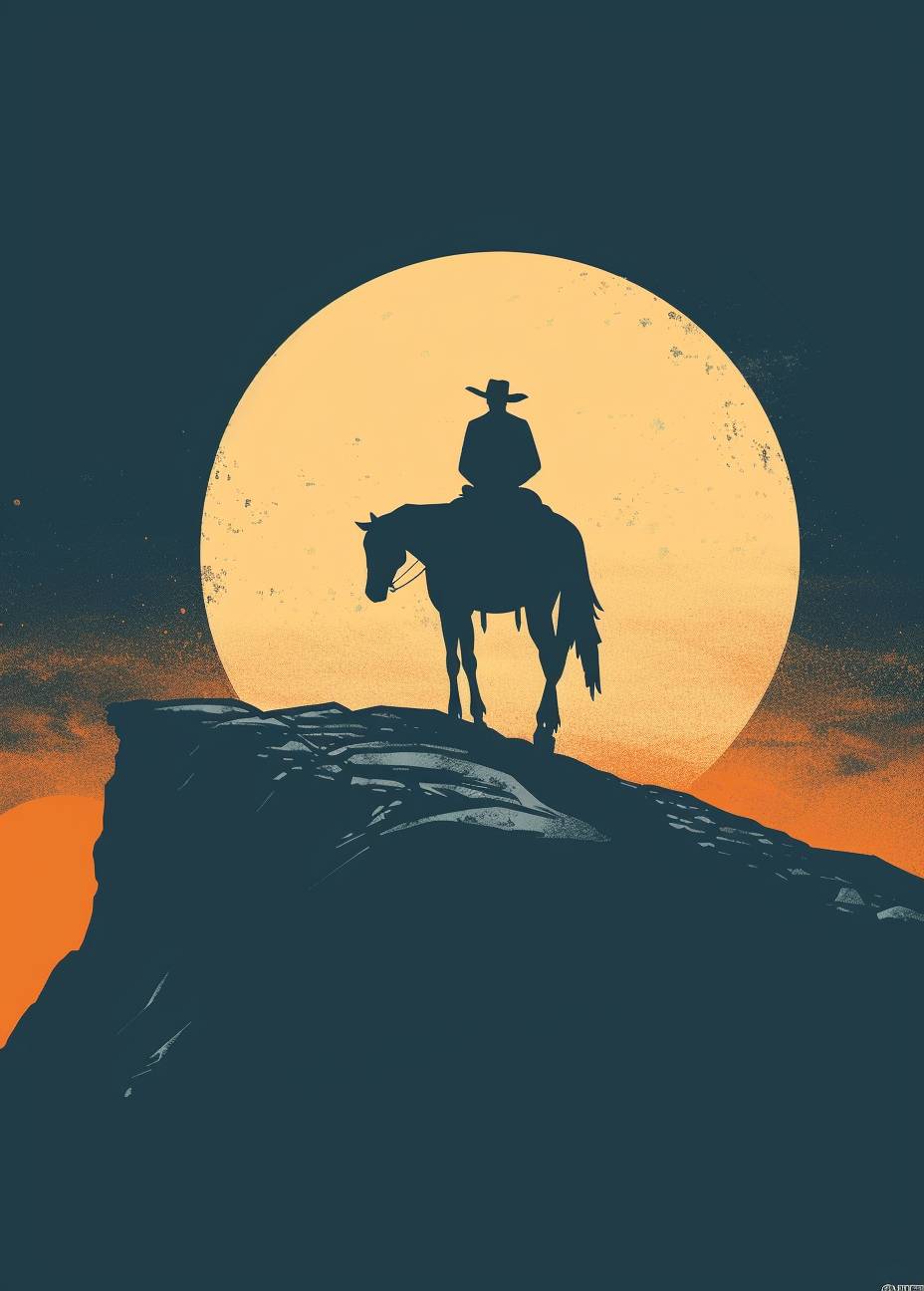 A cowboy riding his horse towards the moonlight, concept art by Moebius, illustration, creative, very minimalist, simple, vector, comic book style