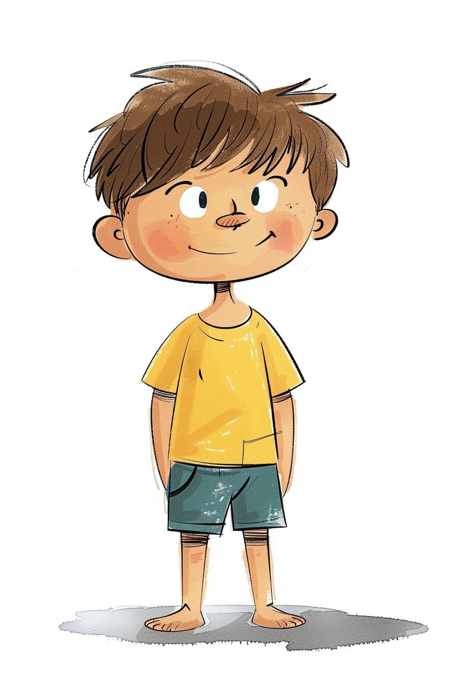 Illustrate a character in the style of Mary Blair. The character is a 6-year-old boy with brown hair, a round face with a cute expression, a slender body, and is wearing a yellow T-shirt and shorts. Emphasize vibrant colors, whimsical design, and a playful atmosphere. Capture the innocence and joy of childhood. Capture the essence of Mary Blair's style with vibrant colors and whimsical details, with the character looking forward against a white background, in a cute watercolor illustration set against a backdrop of pure white.