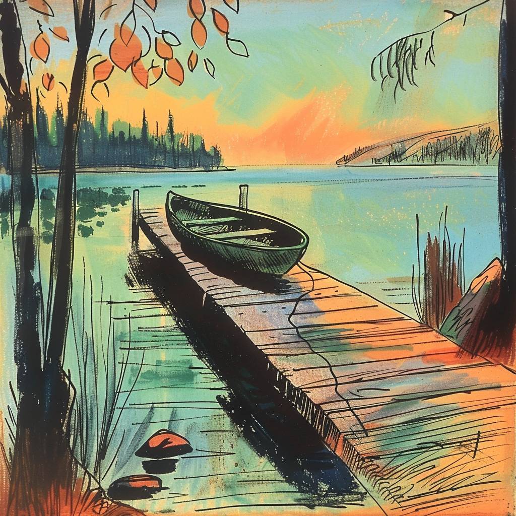 A tranquil lakeside retreat with a wooden dock stretching out into the calm water, where a rowboat bobs gently and the sound of loons calling echoes across the stillness.