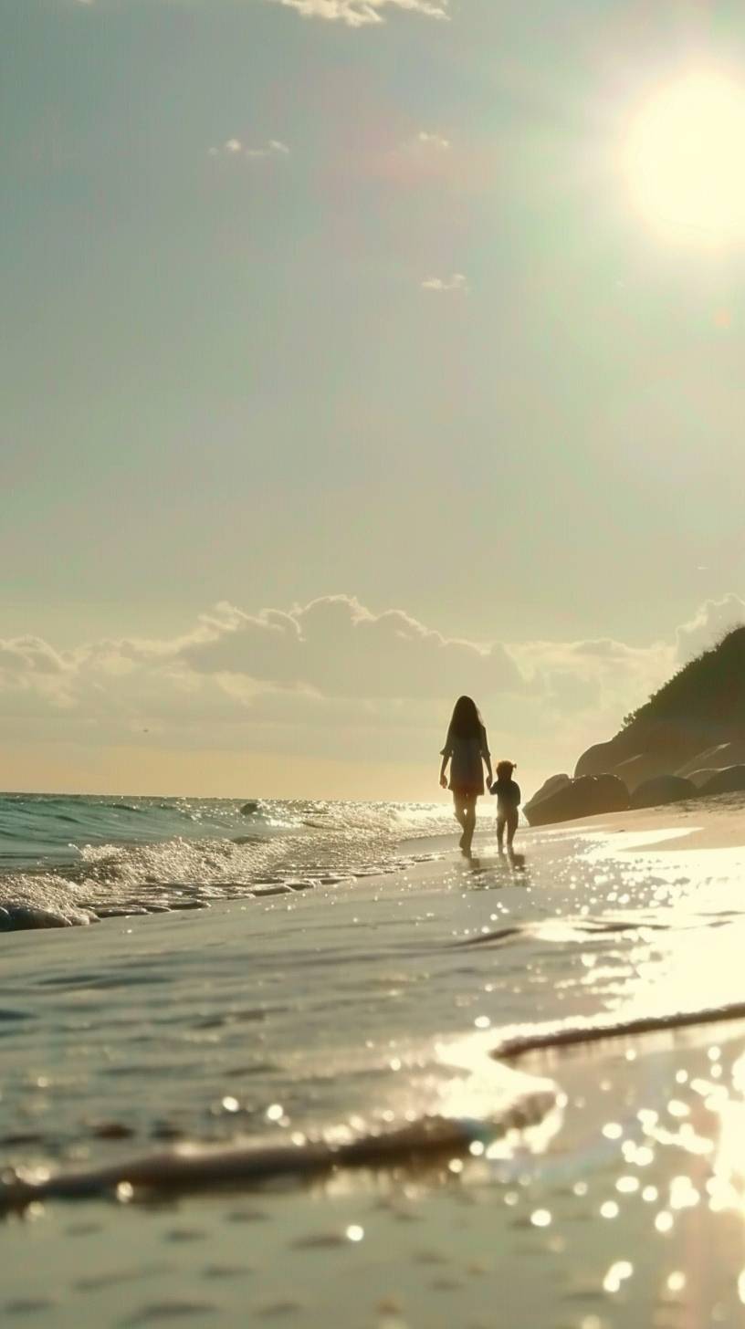 A mother and her child walking hand in hand along a sandy beach during sunset. The waves gently touch their feet, creating a peaceful atmosphere. In the style of a dreamy photograph.