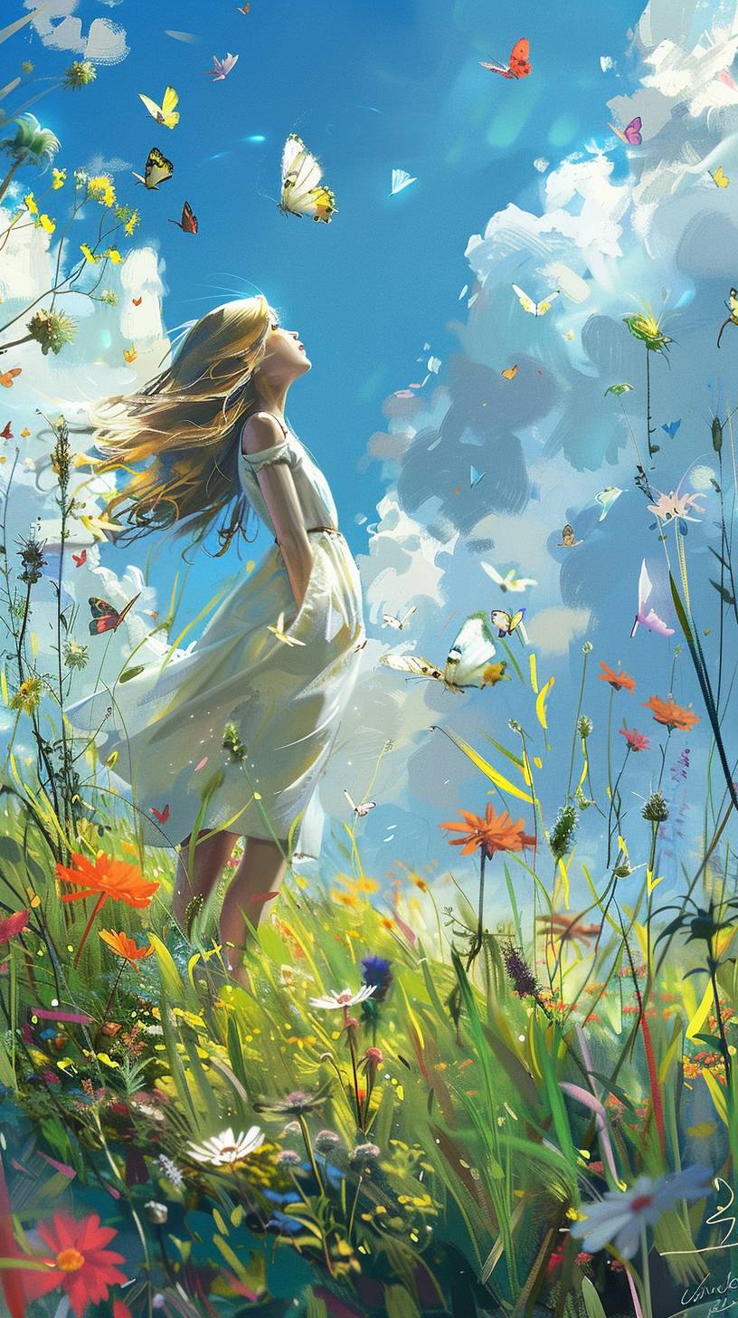 In a vibrant meadow, Emily finds a delicate, fluttering butterfly that reminds her of life's fleeting moments. 'Every second is a gift,' she whispers to herself, capturing the butterfly's beauty in her heart with a smile.